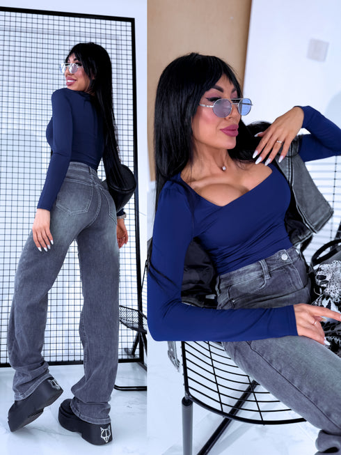 Dark blue, basic PUSH-UP top with square neckline